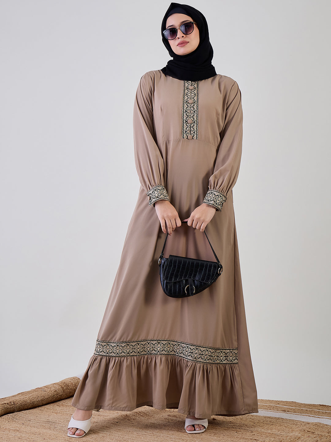 Nabia Embroidery Beige Abaya with Black Georgette Hijab