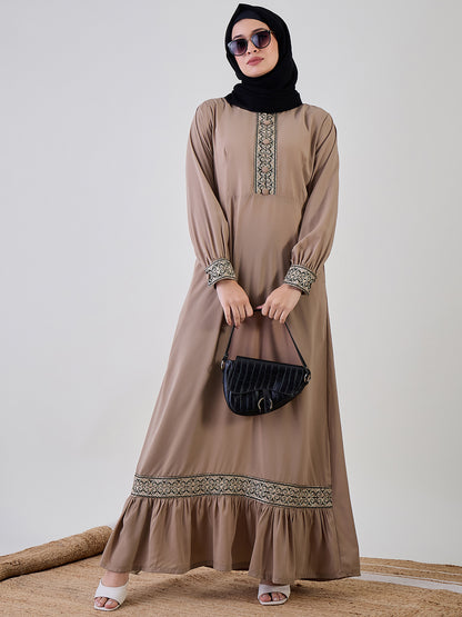 Nabia Embroidery Beige Abaya with Black Georgette Hijab