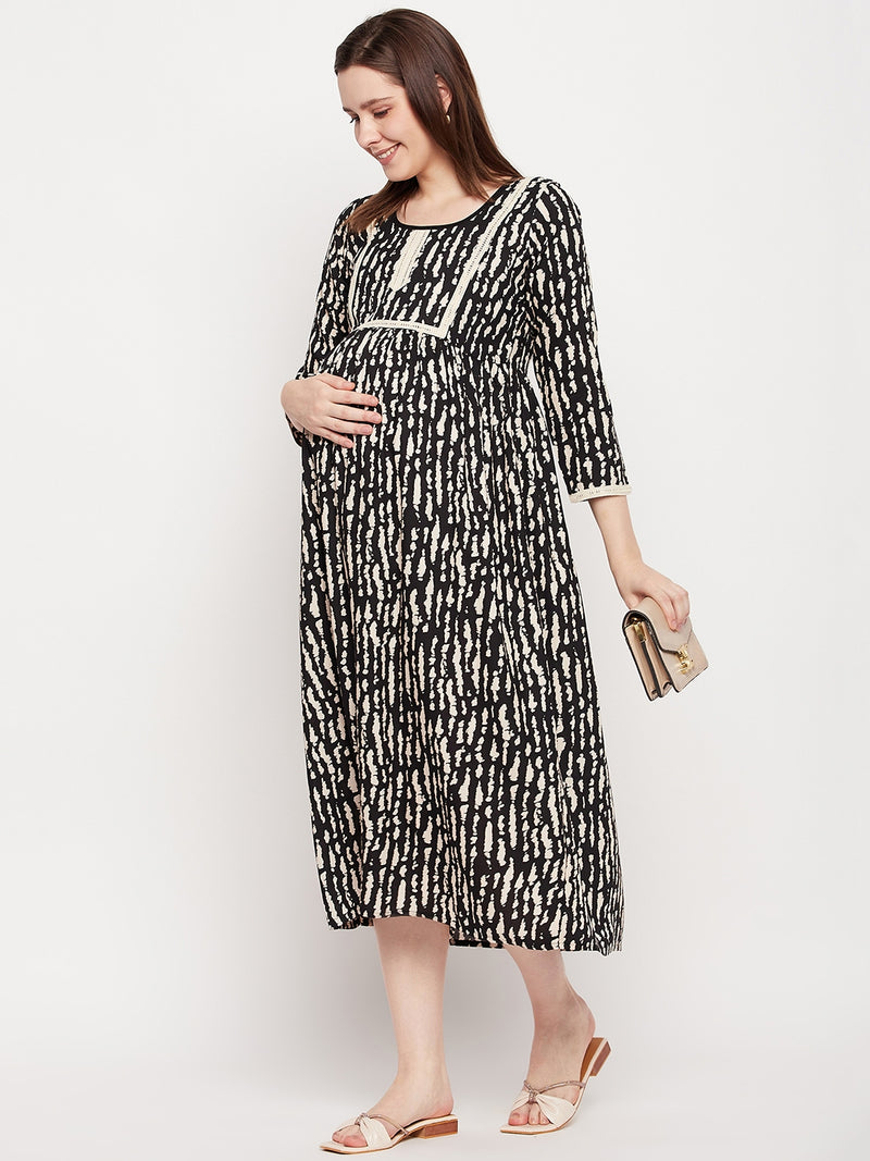 Nabia Women Black & Beige Printed Pre and Post Pregnancy / Maternity Dress