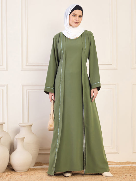Nabia Embroidery Jade Green Abaya with White Georgette Hijab