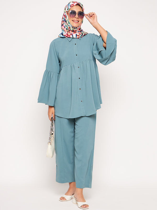 Nabia Sea Green Solid Umbrella Sleeves Co-ord Set for Women