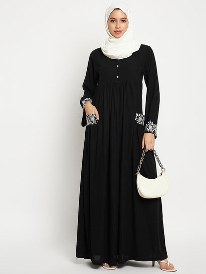 Nabia Embroidery Black Abaya with Black Scarf