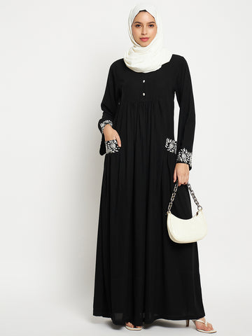 Nabia Embroidery Work Solid Black Abaya Burqa For Women With Black Scarf