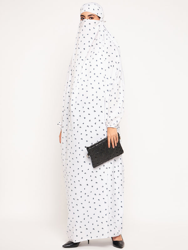 Nabia White Printed Free Size Adjustable Nosepiece Jilbab Abaya for Girls and Women