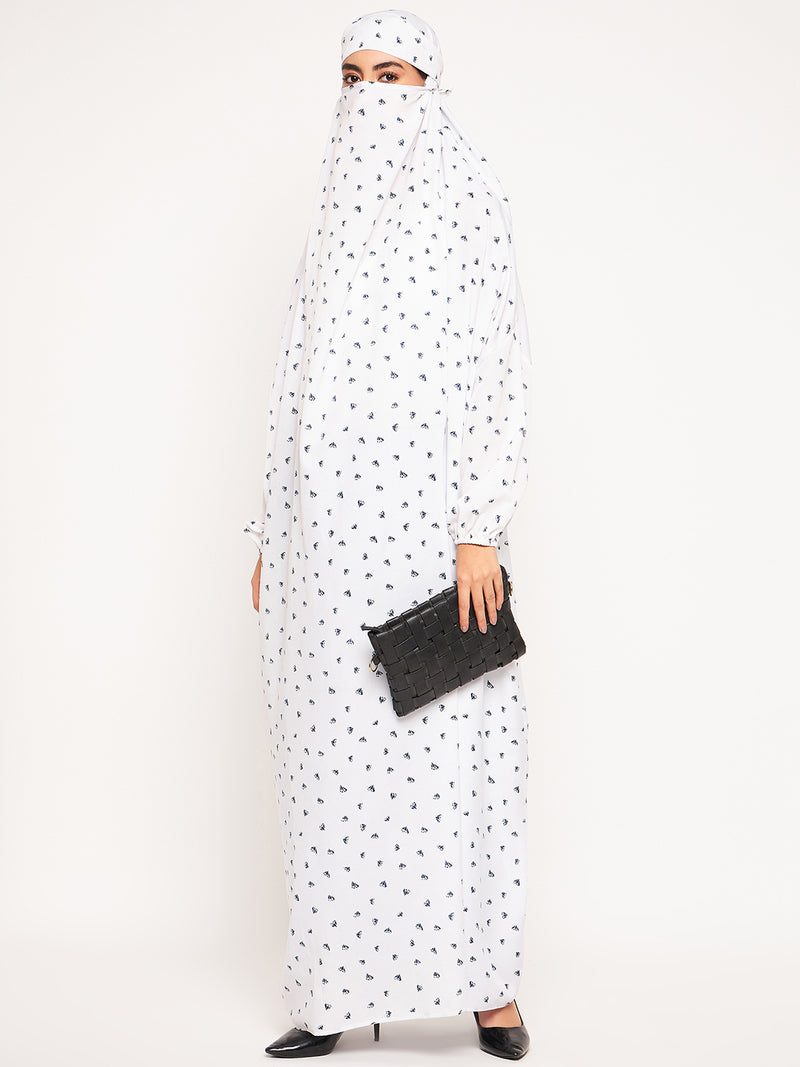 Nabia White Printed Free Size Adjustable Nosepiece Jilbab Abaya for Girls and Women