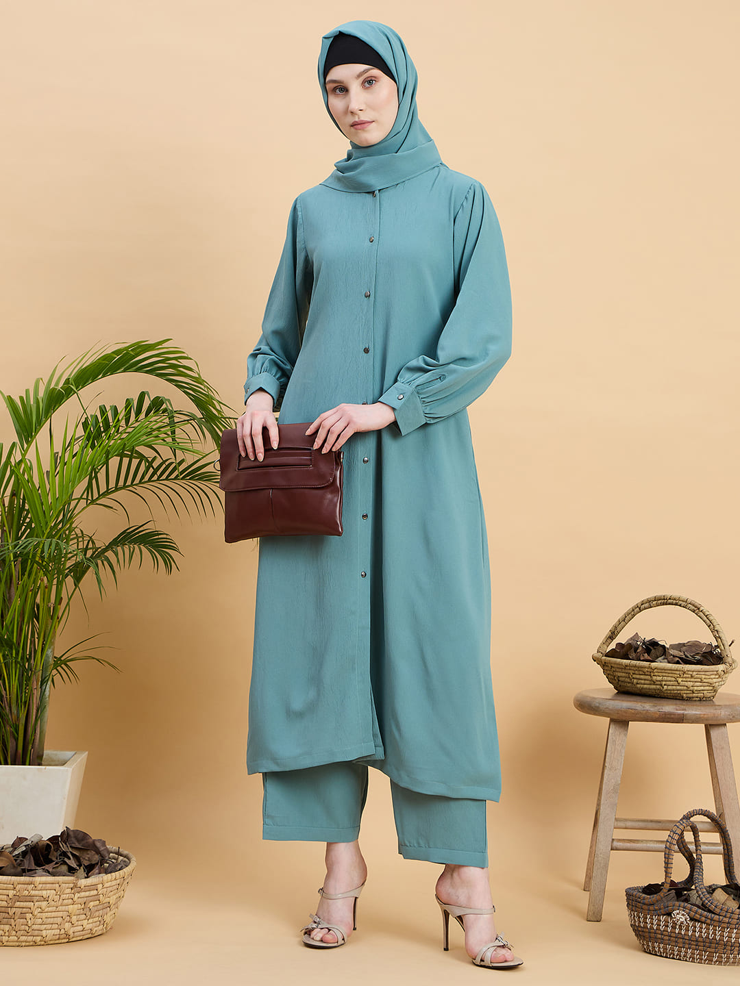 Green Front Open Co-ord Set for Women with Matching Hijab