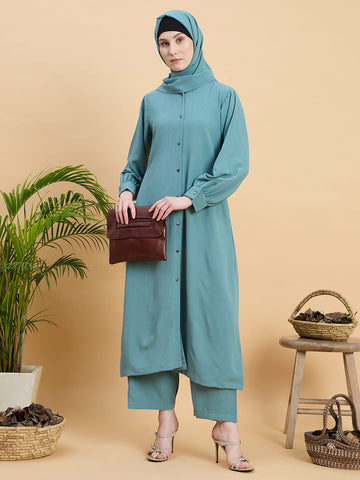 Green Front Open Co-ord Set for Women with Matching Hijab