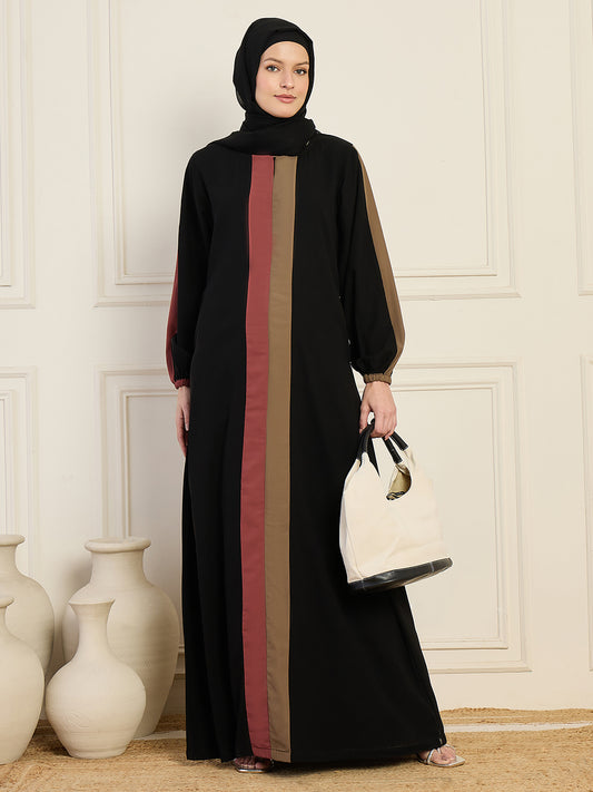 Nabia Black Three Color Design Abaya  With Georgette Hijab