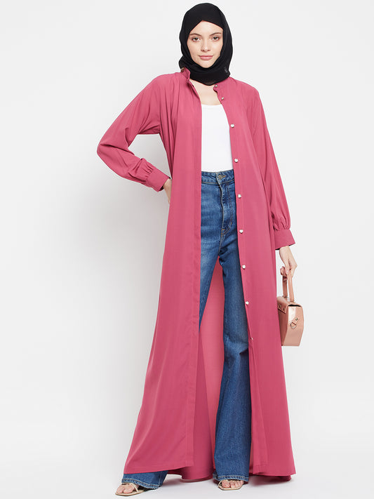 Nabia Pink Nida Mate Fabric Front Open  Abaya With Georgette Scarf