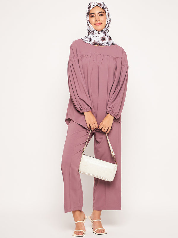 Nabia Pink Solid Elasticated Sleeves Co-ord Set for Women