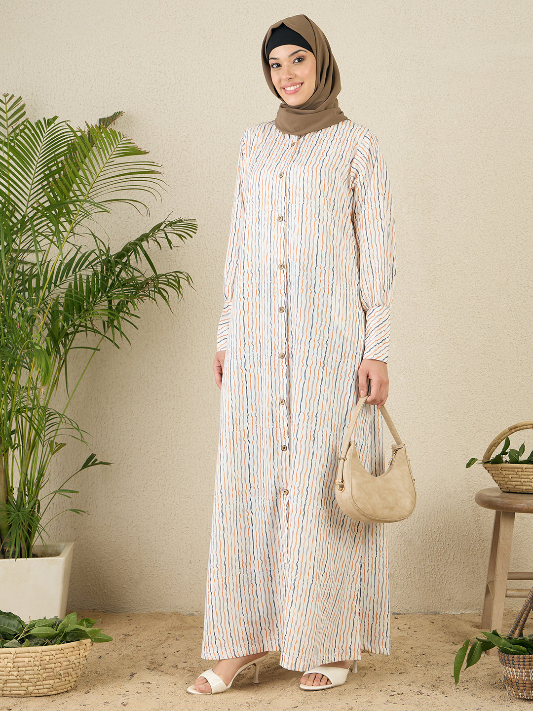 Striped Printed Front Open Abaya with Black Georgette Scarf