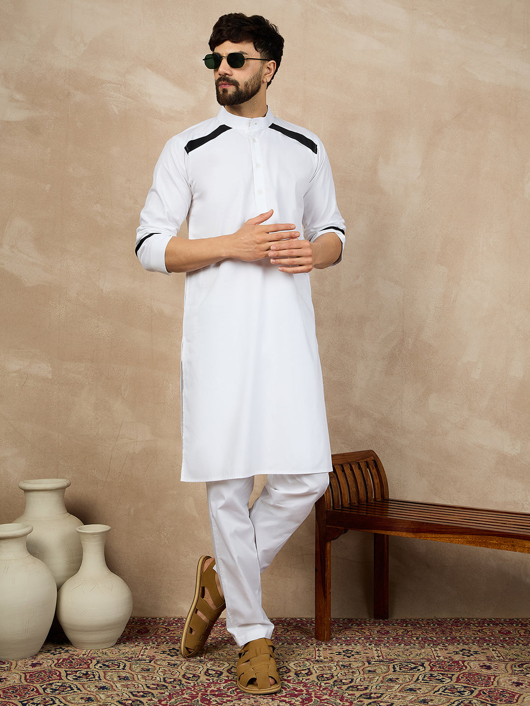 Nabia White Cotton Kurta Pajama Set For Men