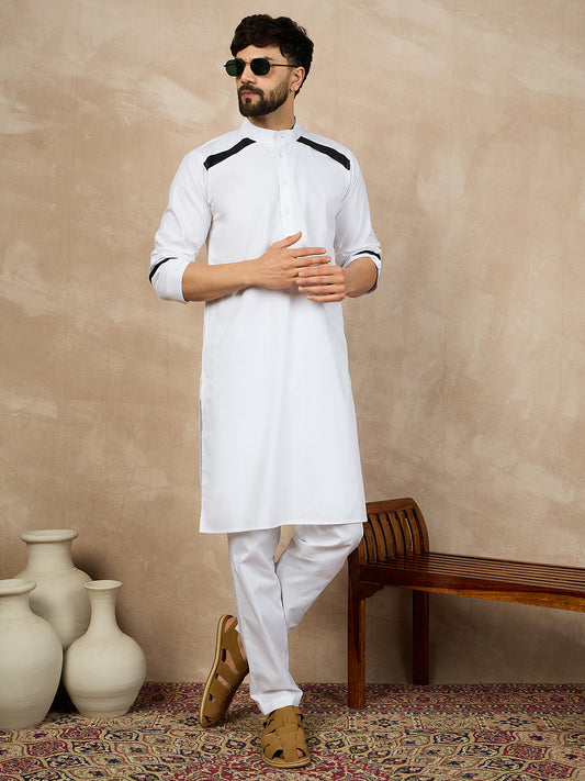 Nabia White Cotton Kurta Pajama Set For Men