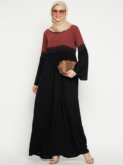 Nabia Lace Abaya Burqa -Black and Rust  with Black Georgette Scarf