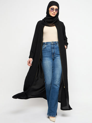 Nabia Front Open Zip-Closure Mandarin Collar Black Abaya Dress With Black Scarf