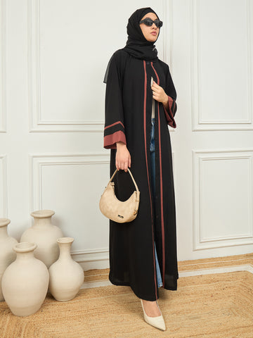 Nabia's two-colored black and rust Front Open abaya burqa with Black Georgette Hijab