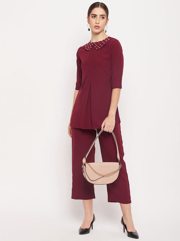 Nabia Women Maroon Solid Co-Ord Set