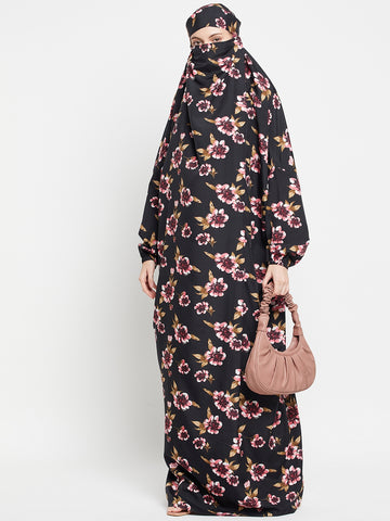 Nabia Black Floral Printed Free Size Adjustable Nosepiece Jilbab Abaya for Girls and Women