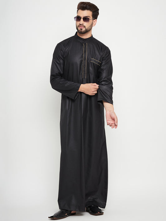 Nabia Black Solid Mens Thobe/Jubba with Beige Piping Design