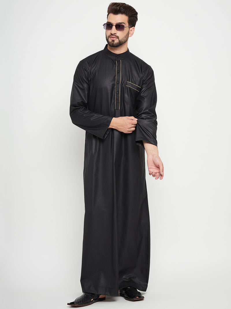 Nabia Black Solid Mens Thobe / Jubba with Beige Piping Design