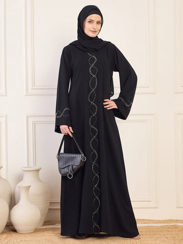 Nabia Black Solid Luxury Abaya Burqa Handwork Detailing & Bell Sleeves for Women with Black Hijab
