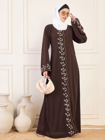 Nabia Brown Solid Hand Work Detailing Luxury Abaya Burqa For Women With White Hijab