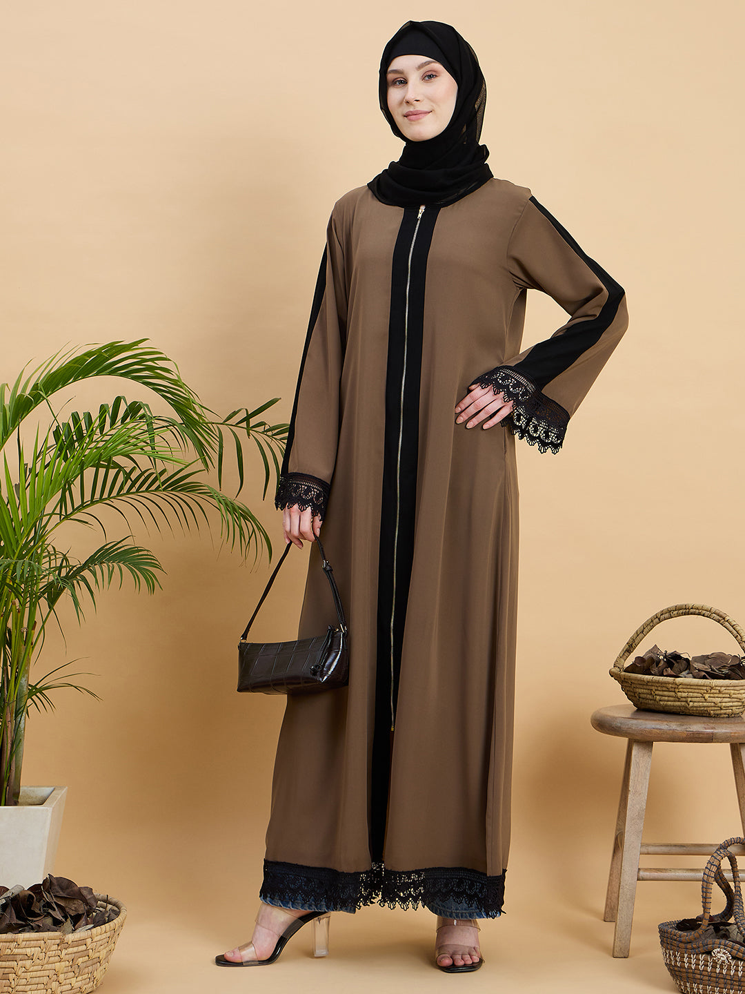 Front Open Zip Abaya Burqa with Black Georgette Hijab