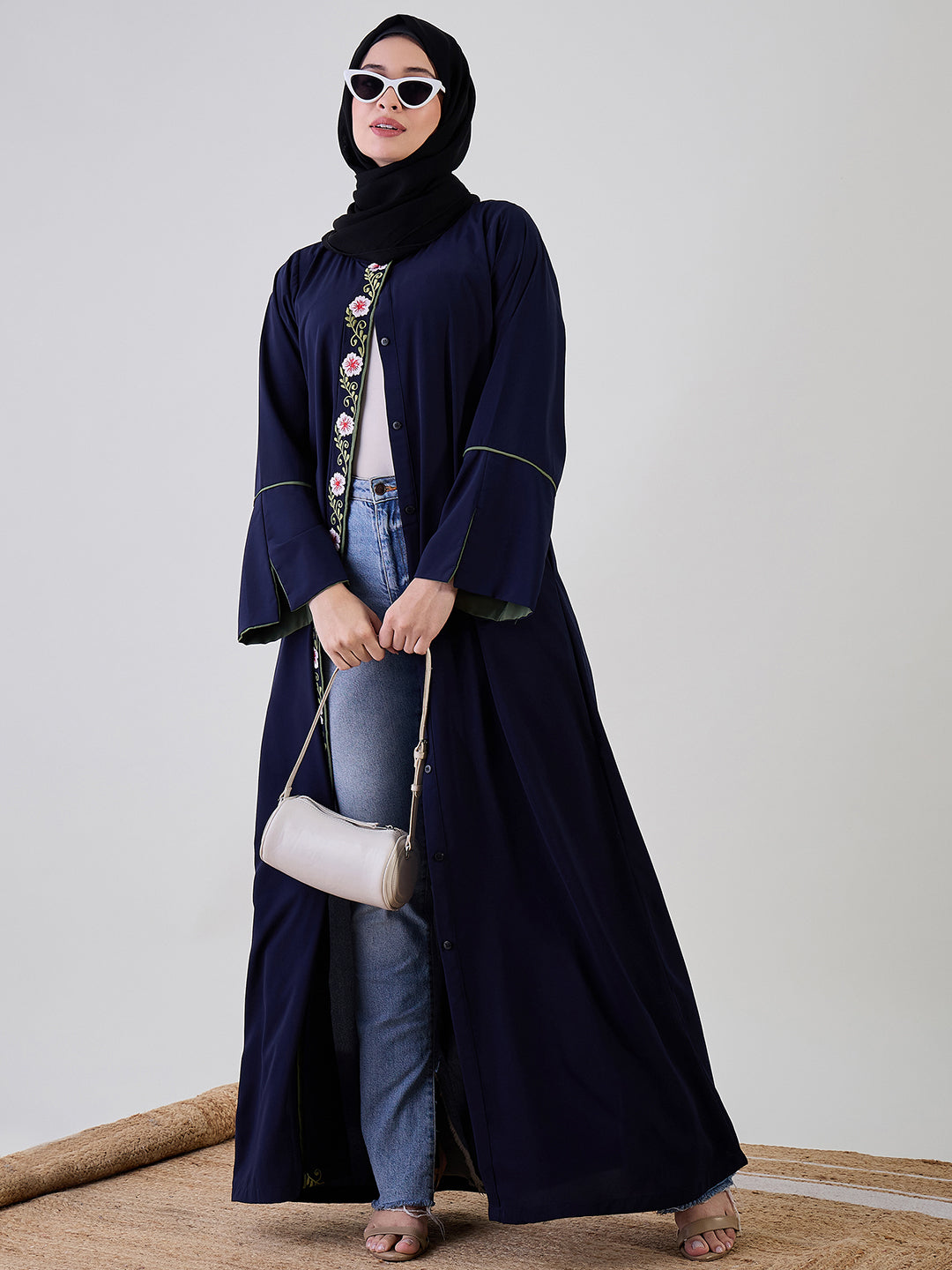 Nabia Front Open Embroidery Blue Abaya with Black Georgette Hijab
