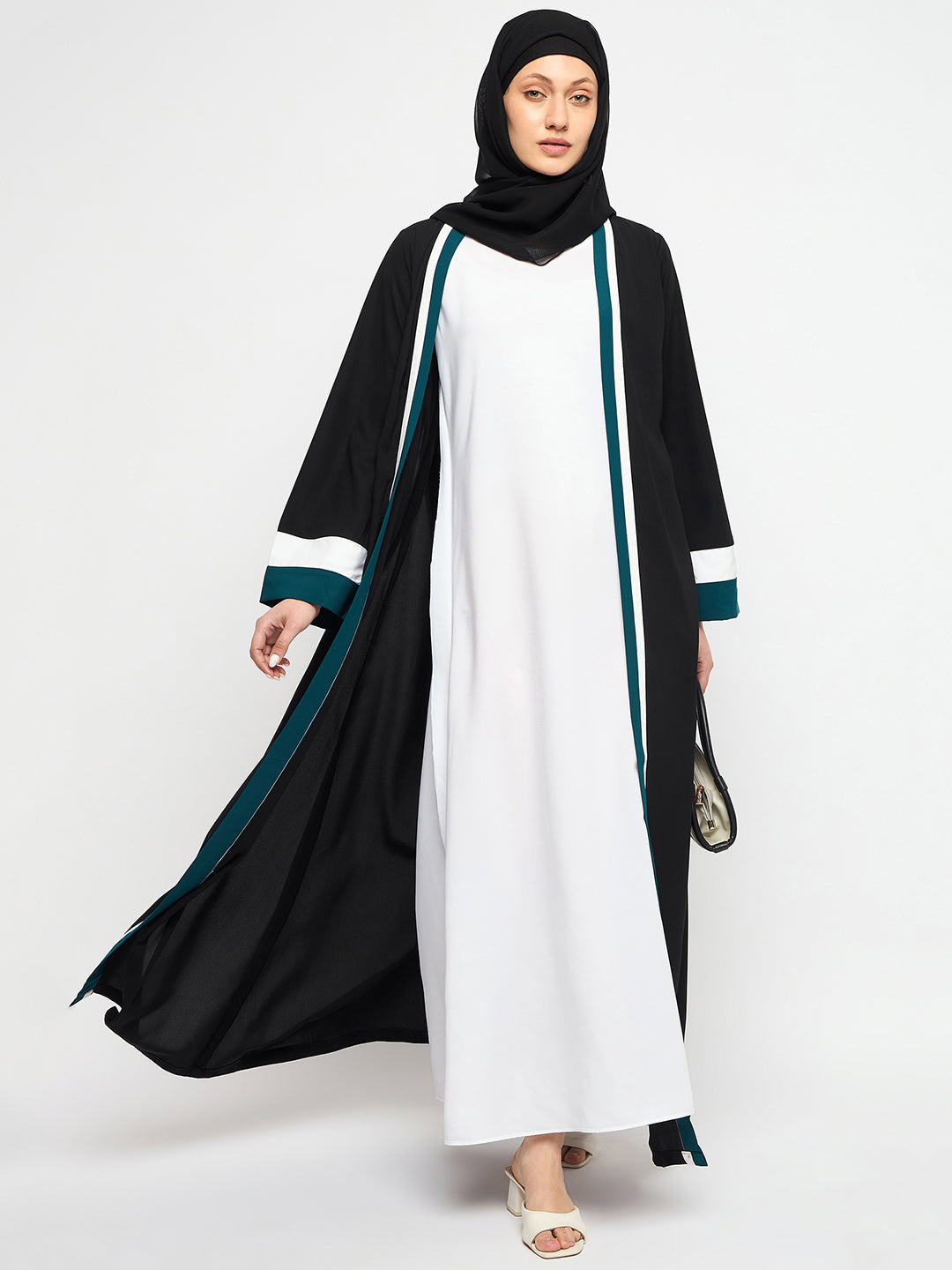 2 Piece Front Open Shrug Abaya Set with Black Georgette Hijab
