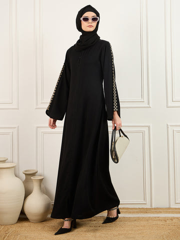 Nabia Embroidery Detailing Abaya Burqa in Black With Matching Georgette Hijab