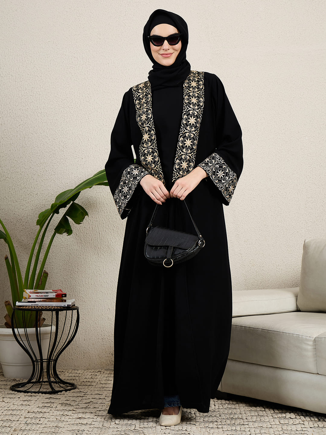 2 Piece Embroidered Black Shrug Set Abaya with Black Hijab