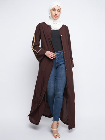 Nabia Front Open Solid Beige Piping Design Brown Abaya Burqa With Black Scarf