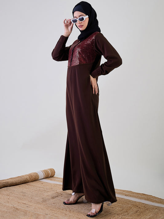 Nabia Embroidered Brown Abaya with Black Georgette Hijab
