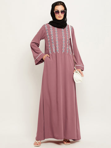 Nabia Women Solid Puse Pink Abaya Burqa With Georgette Scarf