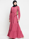 Pink Solid Front Open Frilled Abaya with Black Georgette Scarf
