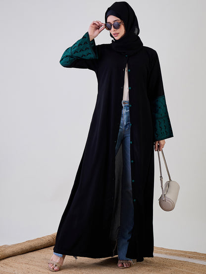 Nabia Kefiyyeh Embroidery Black Front Open Abaya with Black Georgette Hijab