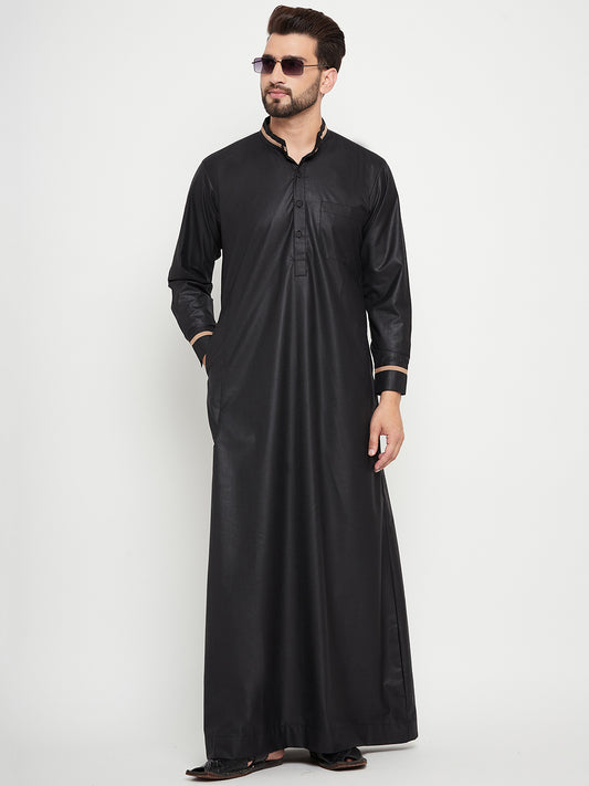Nabia Black Solid Mens Band Collar Thobe/Jubba with Beige Piping Design