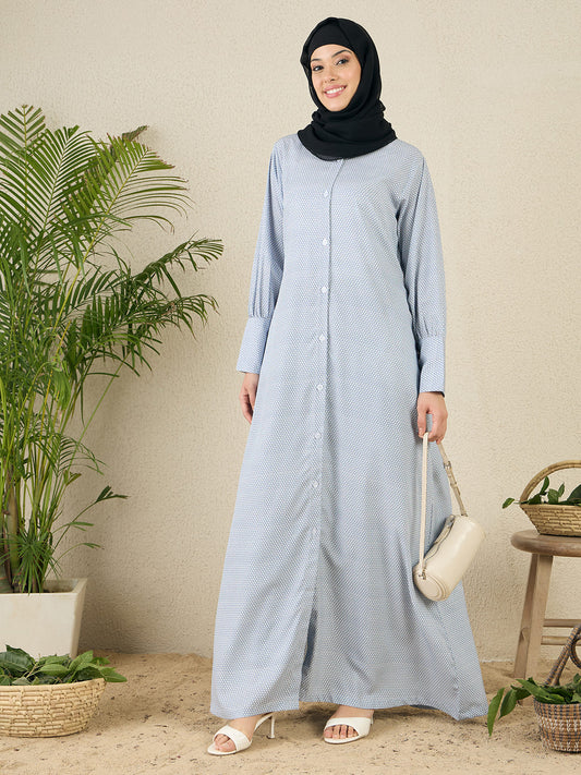 Front Open Blue Printed Abaya with Black Georgette Scarf
