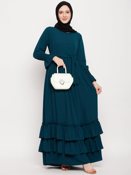 Nabia Women Green Frill  Abaya Burqa with Black Georgette Scarf