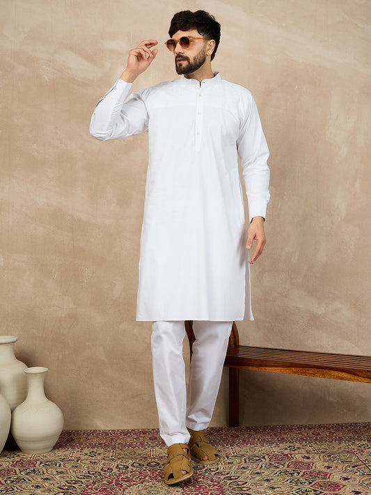 Nabia White Solid Cotton Kurta For Men