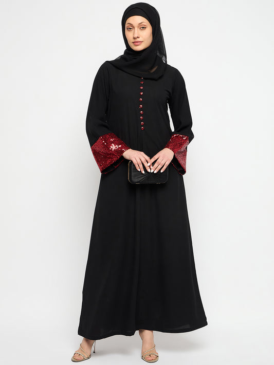 Nabia Embroidery Slip-On Closure Black Casual Abaya Burqa With Black Scarf