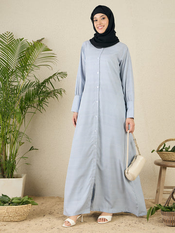 Front Open Blue Printed Abaya with Black Georgette Scarf