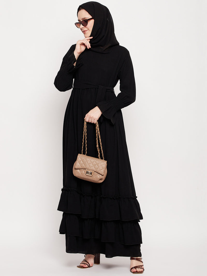 Nabia Women Black Frill Nida Matte Fabric Abaya Burqa With Black Georgette Scarf