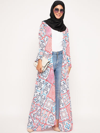 Nabia Multicolor Printed Front Open Shrug Abaya for Women with Black Scarf