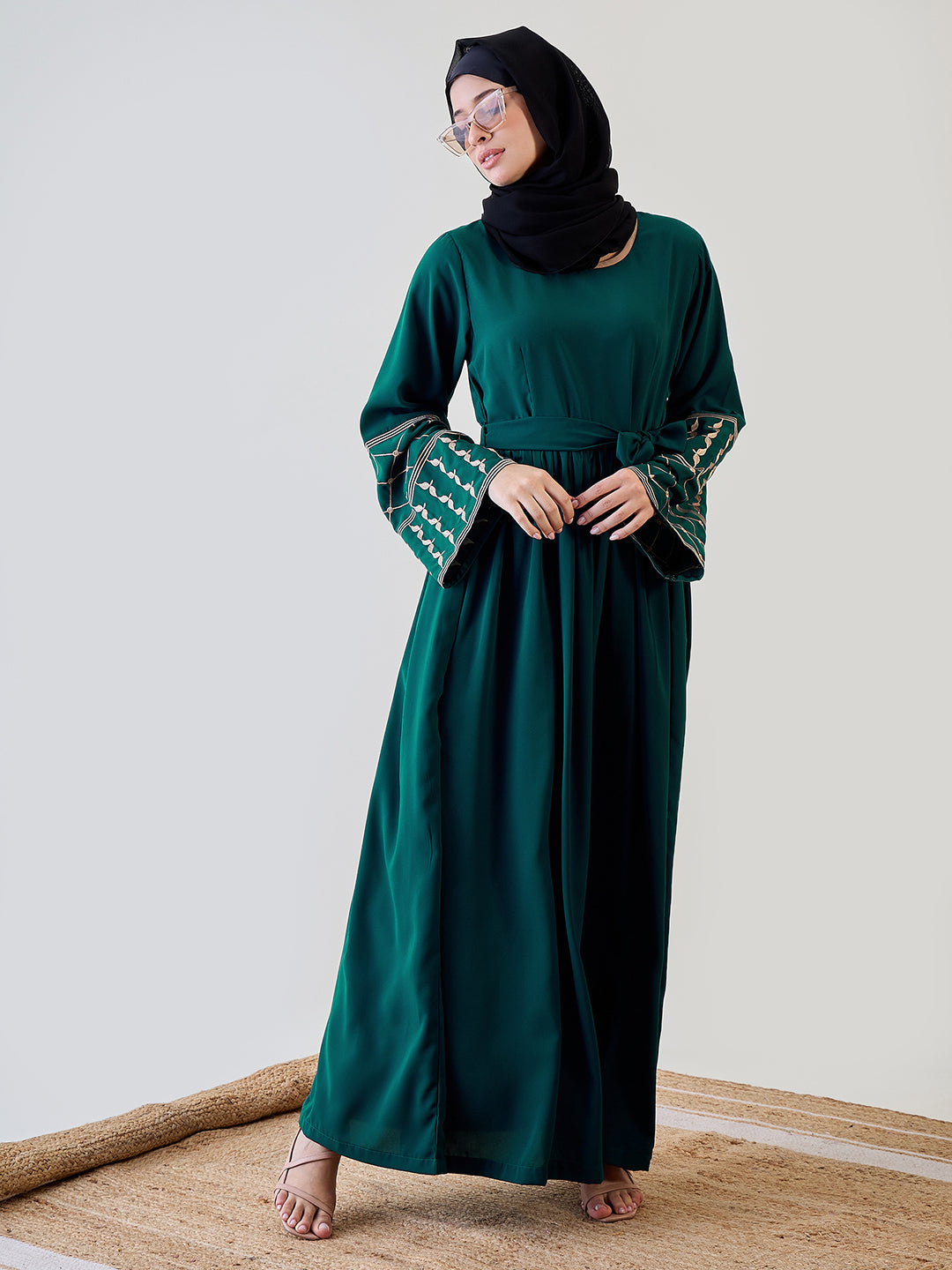 Nabia Kefiyyeh Embroidery Green Abaya with Black Georgette Hijab