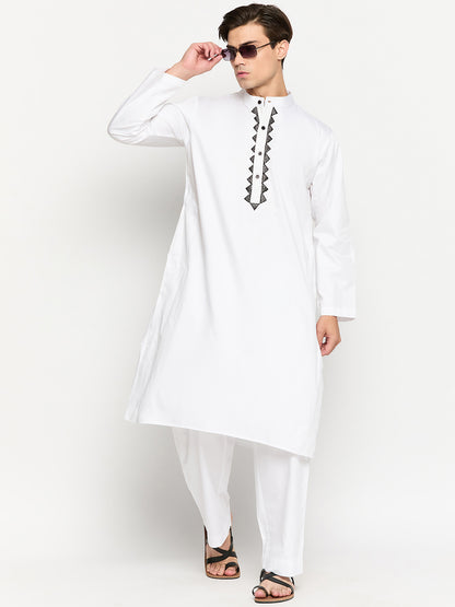 Embroidery Cotton Men's White Kurta Pajama Set