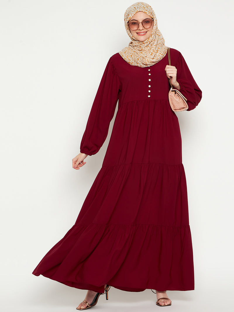 Nabia Women Maroon Solid Frilled Abaya Burqa With Black Georgette Scarf