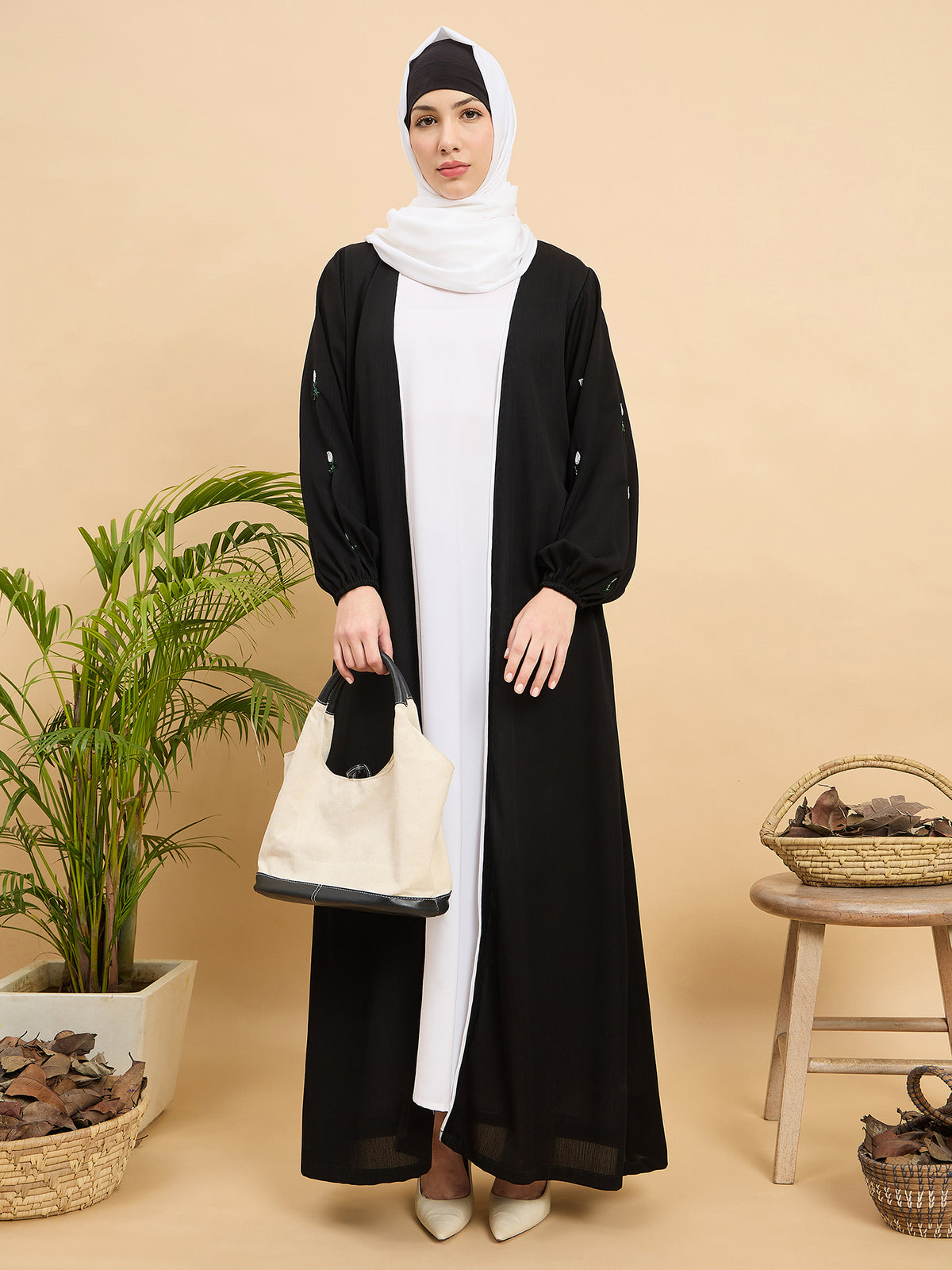 Modest Luxury Handworked Abaya with White Georgette Hijab