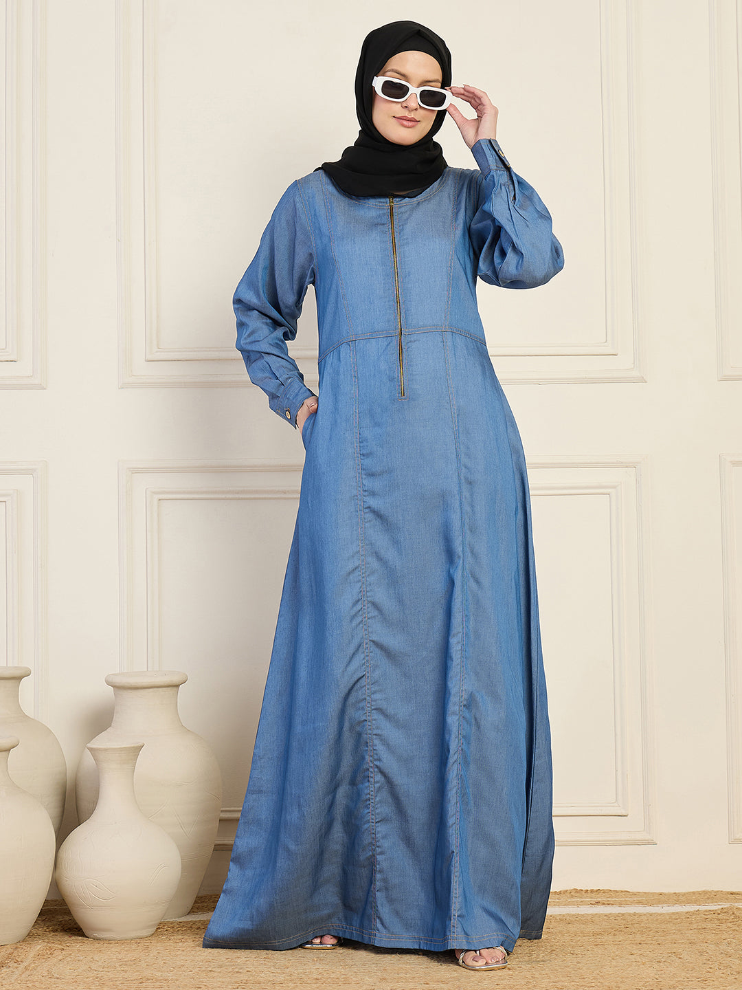 Nabia Denim Abaya With Black Georgette Hijab