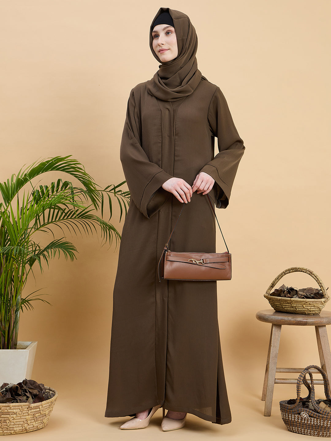 Oat (Khaki) Front Open Dubai Abaya Burqa with Matching Hijab